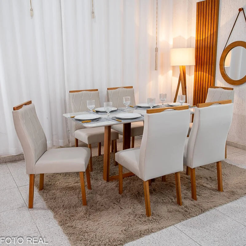 Mesa de Jantar Pedro 160×80 Vidro Off/Base Madeira + 6 Cad. Lisboa Veludo Bege 512 Madeira Art Assento – Entregue Montada