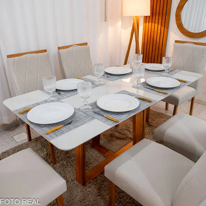 Mesa de Jantar Pedro 160×80 Vidro Off/Base Madeira + 6 Cad. Lisboa Veludo Bege 512 Madeira Art Assento – Entregue Montada