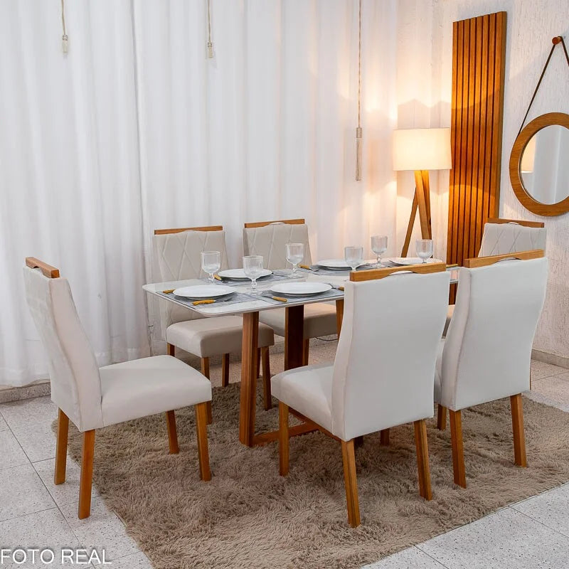 Mesa de Jantar Pedro 160×80 Vidro Off/Base Madeira + 6 Cad. Lisboa Veludo Bege 512 Madeira Art Assento – Entregue Montada