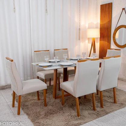 Mesa de Jantar Pedro 160×80 Vidro Off/Base Madeira + 6 Cad. Lisboa Veludo Bege 512 Madeira Art Assento – Entregue Montada