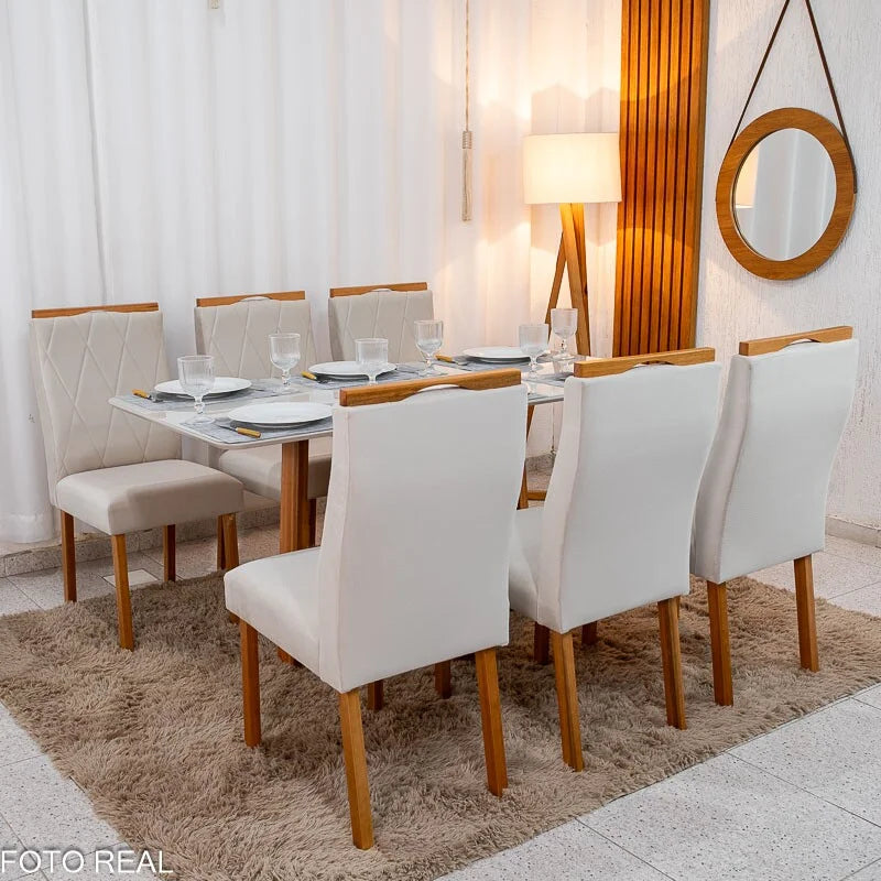 Mesa de Jantar Pedro 160×80 Vidro Off/Base Madeira + 6 Cad. Lisboa Veludo Bege 512 Madeira Art Assento – Entregue Montada