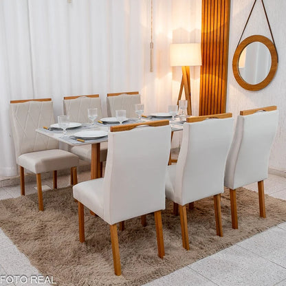 Mesa de Jantar Pedro 160×80 Vidro Off/Base Madeira + 6 Cad. Lisboa Veludo Bege 512 Madeira Art Assento – Entregue Montada