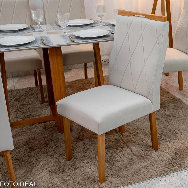 Mesa de Jantar Pedro 160×80 Vidro Off/Base Madeira + 6 Cad. Lisboa Veludo Bege 512 Madeira Art Assento – Entregue Montada