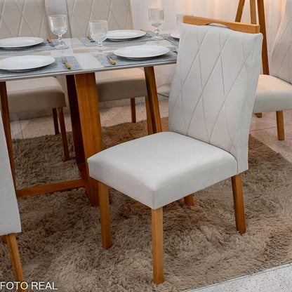 Mesa de Jantar Pedro 160×80 Vidro Off/Base Madeira + 6 Cad. Lisboa Veludo Bege 512 Madeira Art Assento – Entregue Montada