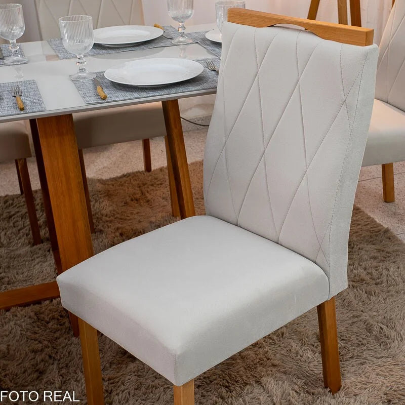 Mesa de Jantar Pedro 160×80 Vidro Off/Base Madeira + 6 Cad. Lisboa Veludo Bege 512 Madeira Art Assento – Entregue Montada