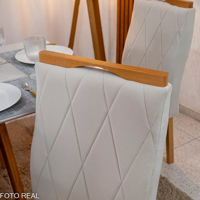 Mesa de Jantar Pedro 160×80 Vidro Off/Base Madeira + 6 Cad. Lisboa Veludo Bege 512 Madeira Art Assento – Entregue Montada