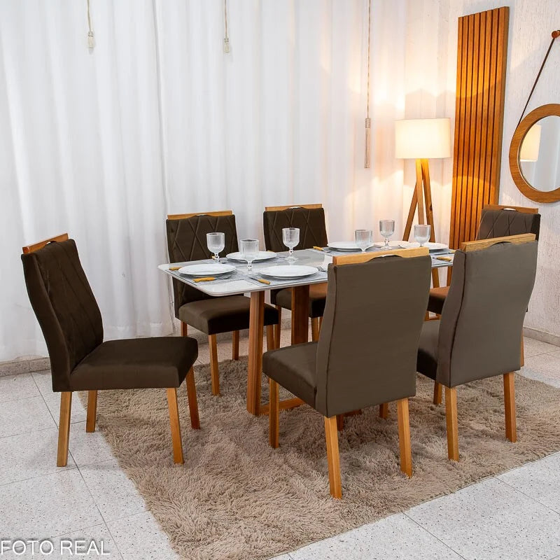 Mesa de Jantar Pedro 160×80 Vidro Off/Base Madeira + 6 Cad. Lisboa Veludo Marrom 509 Madeira Art Assento – Entregue Montada