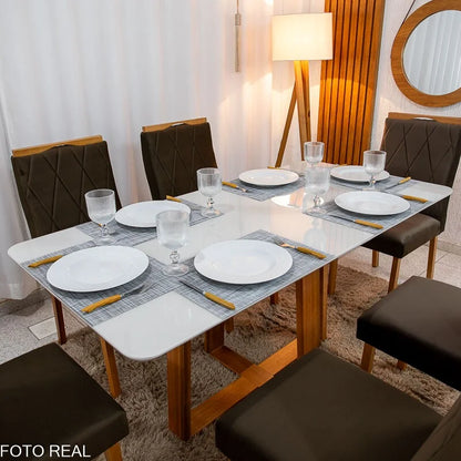 Mesa de Jantar Pedro 160×80 Vidro Off/Base Madeira + 6 Cad. Lisboa Veludo Marrom 509 Madeira Art Assento – Entregue Montada