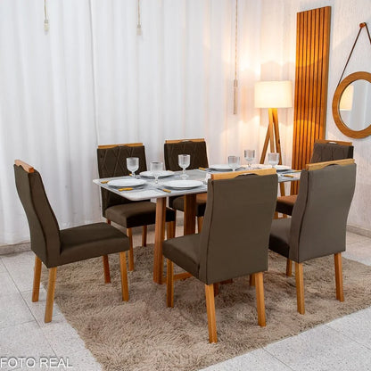 Mesa de Jantar Pedro 160×80 Vidro Off/Base Madeira + 6 Cad. Lisboa Veludo Marrom 509 Madeira Art Assento – Entregue Montada