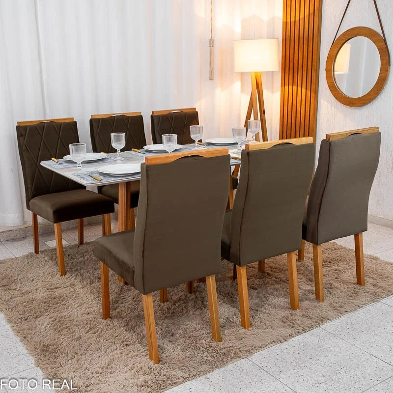 Mesa de Jantar Pedro 160×80 Vidro Off/Base Madeira + 6 Cad. Lisboa Veludo Marrom 509 Madeira Art Assento – Entregue Montada