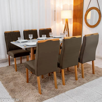 Mesa de Jantar Pedro 160×80 Vidro Off/Base Madeira + 6 Cad. Lisboa Veludo Marrom 509 Madeira Art Assento – Entregue Montada