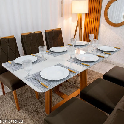Mesa de Jantar Pedro 160×80 Vidro Off/Base Madeira + 6 Cad. Lisboa Veludo Marrom 509 Madeira Art Assento – Entregue Montada
