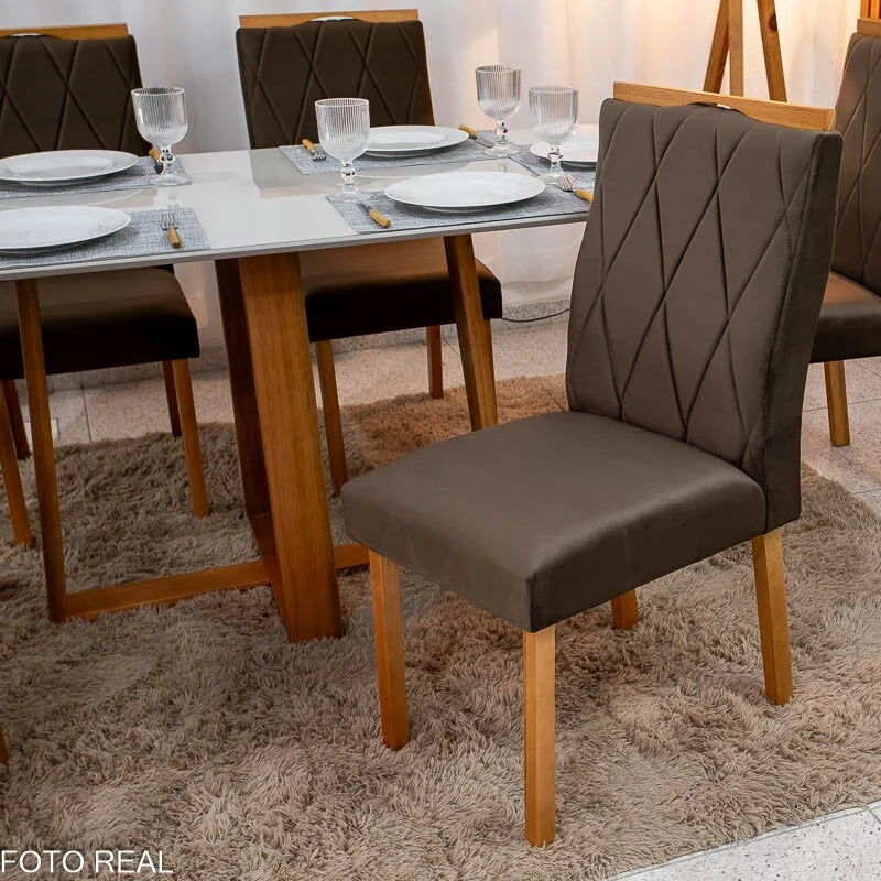 Mesa de Jantar Pedro 160×80 Vidro Off/Base Madeira + 6 Cad. Lisboa Veludo Marrom 509 Madeira Art Assento – Entregue Montada