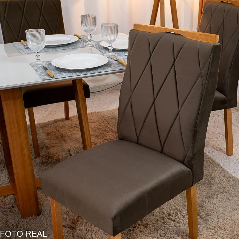 Mesa de Jantar Pedro 160×80 Vidro Off/Base Madeira + 6 Cad. Lisboa Veludo Marrom 509 Madeira Art Assento – Entregue Montada