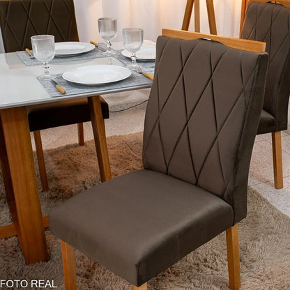 Mesa de Jantar Pedro 160×80 Vidro Off/Base Madeira + 6 Cad. Lisboa Veludo Marrom 509 Madeira Art Assento – Entregue Montada