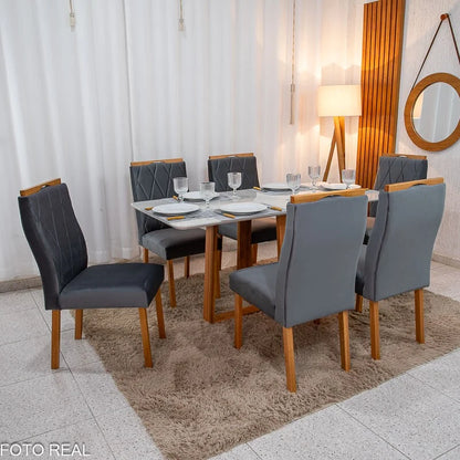 Mesa de Jantar Pedro 160×80 Vidro Off/Base Madeira + 6 Cad. Lisboa Veludo Cinza 507 Madeira Art Assento – Entregue Montada