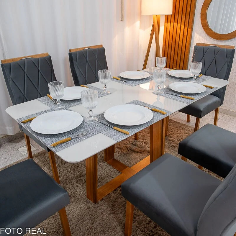 Mesa de Jantar Pedro 160×80 Vidro Off/Base Madeira + 6 Cad. Lisboa Veludo Cinza 507 Madeira Art Assento – Entregue Montada
