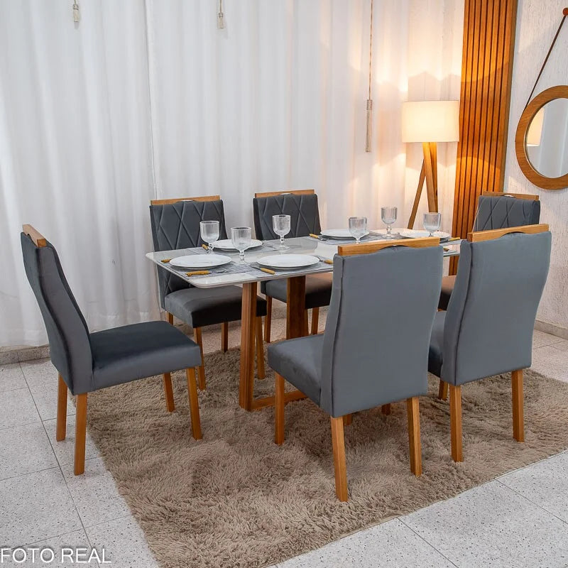 Mesa de Jantar Pedro 160×80 Vidro Off/Base Madeira + 6 Cad. Lisboa Veludo Cinza 507 Madeira Art Assento – Entregue Montada