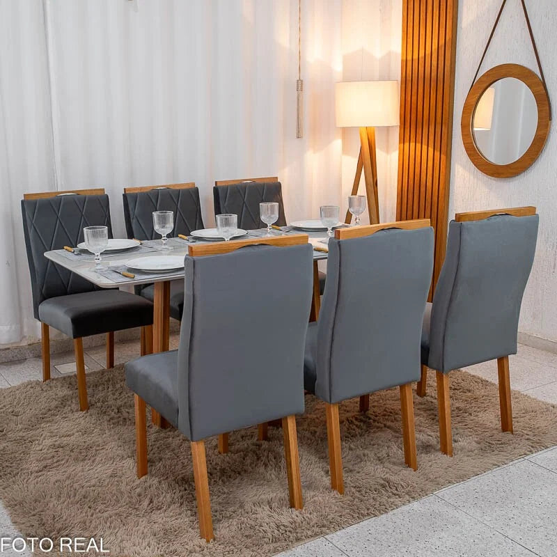 Mesa de Jantar Pedro 160×80 Vidro Off/Base Madeira + 6 Cad. Lisboa Veludo Cinza 507 Madeira Art Assento – Entregue Montada