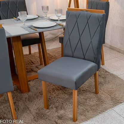 Mesa de Jantar Pedro 160×80 Vidro Off/Base Madeira + 6 Cad. Lisboa Veludo Cinza 507 Madeira Art Assento – Entregue Montada