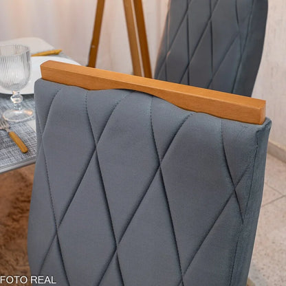 Mesa de Jantar Pedro 160×80 Vidro Off/Base Madeira + 6 Cad. Lisboa Veludo Cinza 507 Madeira Art Assento – Entregue Montada
