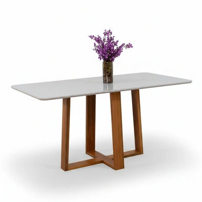 Mesa de Jantar Pedro 160×80 Vidro Off/Base Madeira Art Assento – Entregue Montada