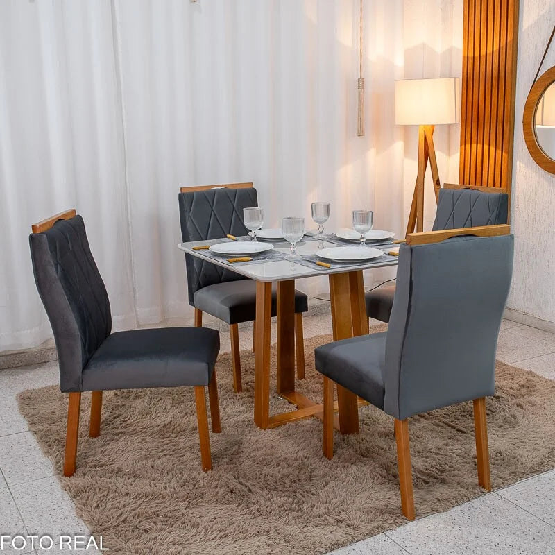 Mesa de Jantar Pedro 90×90 Vidro Off/Base Madeira + 4 Cad. Lisboa Veludo Cinza 507 Madeira Art Assento – Entregue Montada