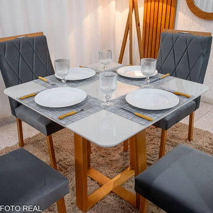 Mesa de Jantar Pedro 90×90 Vidro Off/Base Madeira + 4 Cad. Lisboa Veludo Cinza 507 Madeira Art Assento – Entregue Montada