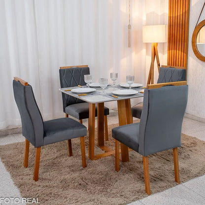 Mesa de Jantar Pedro 90×90 Vidro Off/Base Madeira + 4 Cad. Lisboa Veludo Cinza 507 Madeira Art Assento – Entregue Montada