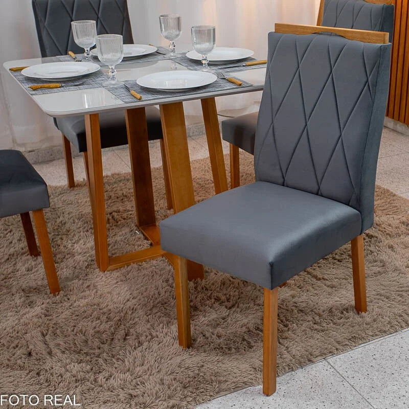 Mesa de Jantar Pedro 90×90 Vidro Off/Base Madeira + 4 Cad. Lisboa Veludo Cinza 507 Madeira Art Assento – Entregue Montada