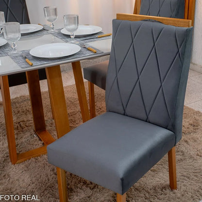 Mesa de Jantar Pedro 90×90 Vidro Off/Base Madeira + 4 Cad. Lisboa Veludo Cinza 507 Madeira Art Assento – Entregue Montada
