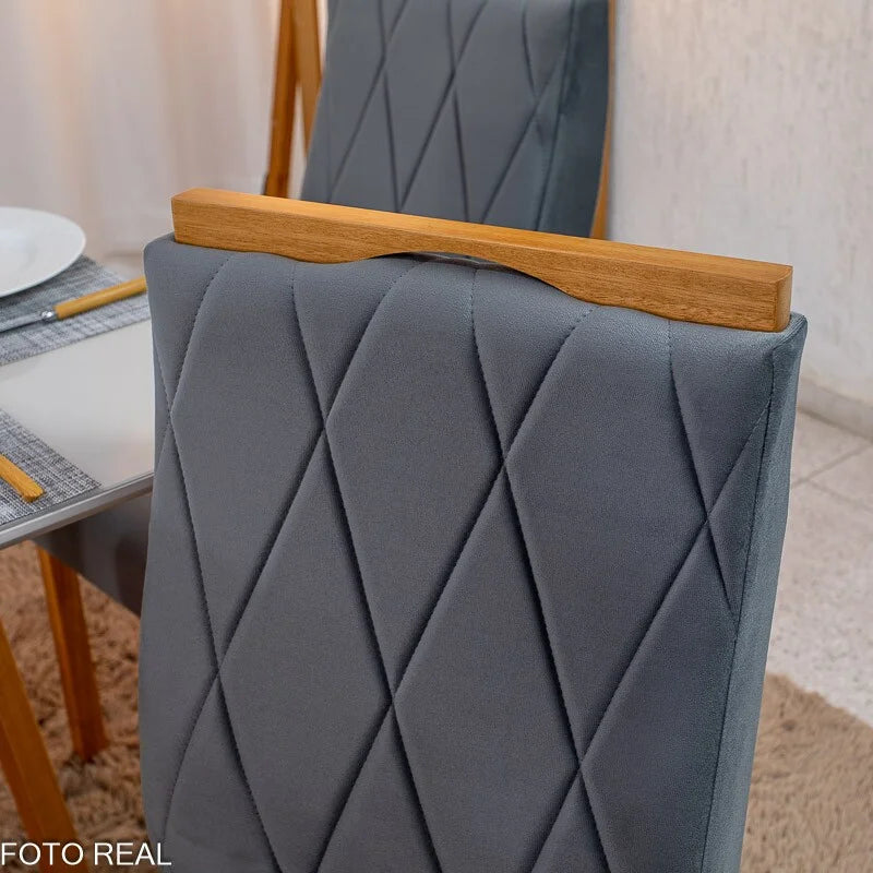Mesa de Jantar Pedro 90×90 Vidro Off/Base Madeira + 4 Cad. Lisboa Veludo Cinza 507 Madeira Art Assento – Entregue Montada