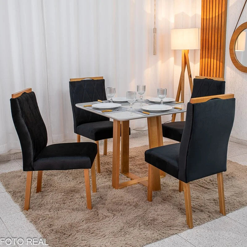 Mesa de Jantar Pedro 90×90 Vidro Off/Base Madeira + 4 Cad. Lisboa Veludo Preto 504 Madeira Art Assento – Entregue Montada