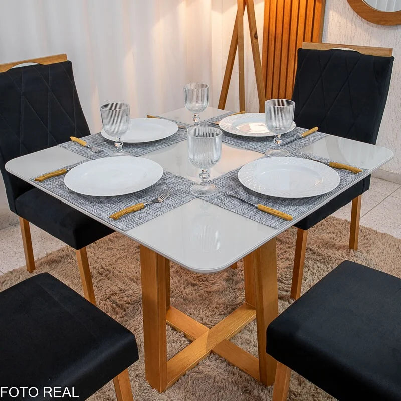 Mesa de Jantar Pedro 90×90 Vidro Off/Base Madeira + 4 Cad. Lisboa Veludo Preto 504 Madeira Art Assento – Entregue Montada