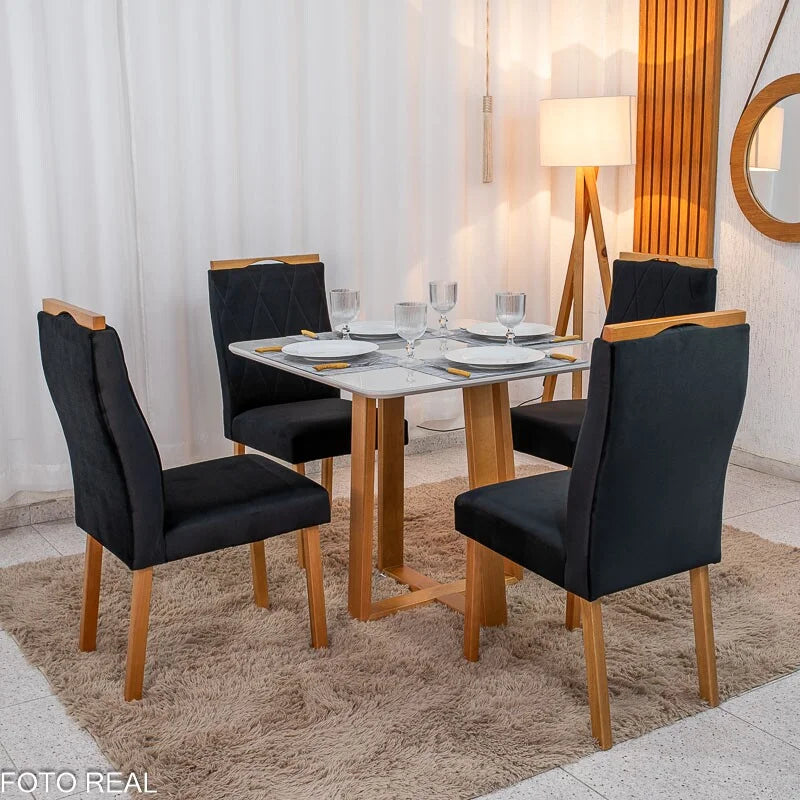 Mesa de Jantar Pedro 90×90 Vidro Off/Base Madeira + 4 Cad. Lisboa Veludo Preto 504 Madeira Art Assento – Entregue Montada