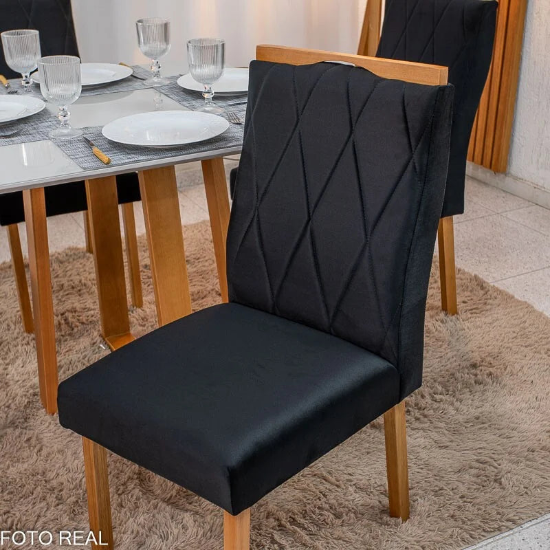 Mesa de Jantar Pedro 90×90 Vidro Off/Base Madeira + 4 Cad. Lisboa Veludo Preto 504 Madeira Art Assento – Entregue Montada