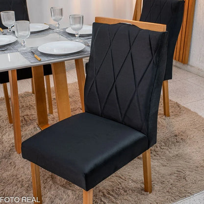 Mesa de Jantar Pedro 90×90 Vidro Off/Base Madeira + 4 Cad. Lisboa Veludo Preto 504 Madeira Art Assento – Entregue Montada