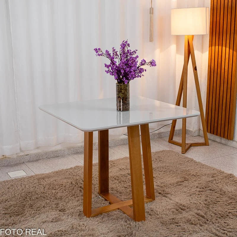 Mesa de Jantar Pedro 90×90 Vidro Off/Base Madeira + 4 Cad. Lisboa Veludo Cinza 507 Madeira Art Assento – Entregue Montada