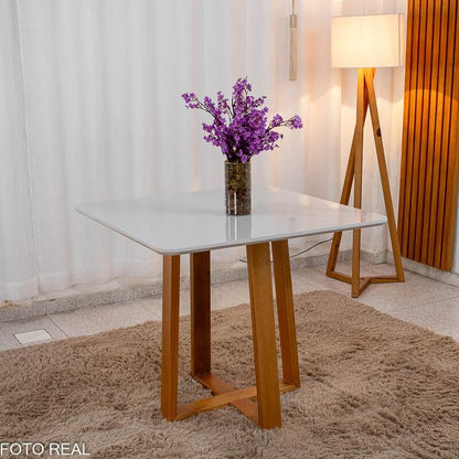 Mesa de Jantar Pedro 90×90 Vidro Off/Base Madeira + 4 Cad. Lisboa Veludo Cinza 507 Madeira Art Assento – Entregue Montada