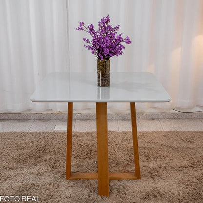 Mesa de Jantar Pedro 90×90 Vidro Off/Base Madeira + 4 Cad. Lisboa Veludo Cinza 507 Madeira Art Assento – Entregue Montada