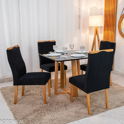Mesa de Jantar Pedro 90×90 Vidro Preto/Base Madeira + 4 Cad. Lisboa Veludo Preto 504 Madeira Art Assento – Entregue Montada