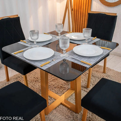 Mesa de Jantar Pedro 90×90 Vidro Preto/Base Madeira + 4 Cad. Lisboa Veludo Preto 504 Madeira Art Assento – Entregue Montada