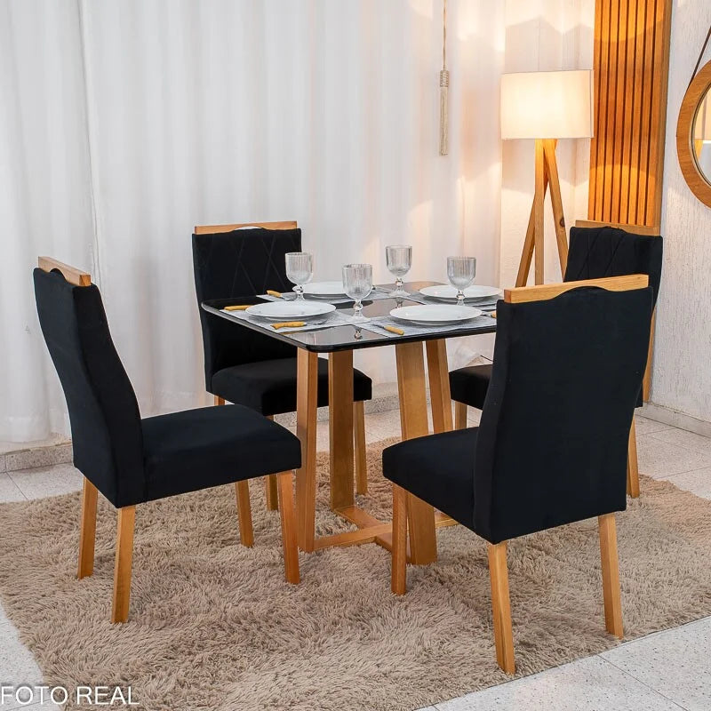 Mesa de Jantar Pedro 90×90 Vidro Preto/Base Madeira + 4 Cad. Lisboa Veludo Preto 504 Madeira Art Assento – Entregue Montada