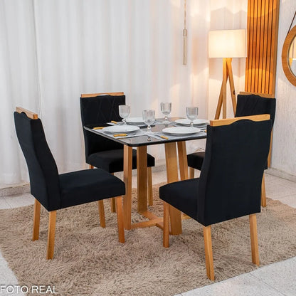 Mesa de Jantar Pedro 90×90 Vidro Preto/Base Madeira + 4 Cad. Lisboa Veludo Preto 504 Madeira Art Assento – Entregue Montada