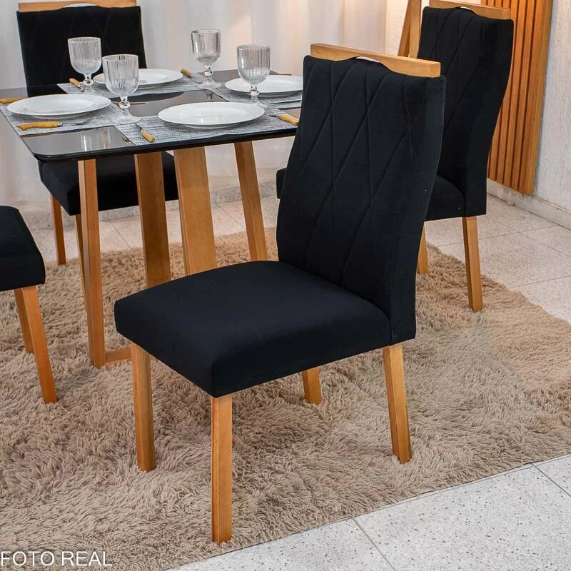 Mesa de Jantar Pedro 90×90 Vidro Preto/Base Madeira + 4 Cad. Lisboa Veludo Preto 504 Madeira Art Assento – Entregue Montada