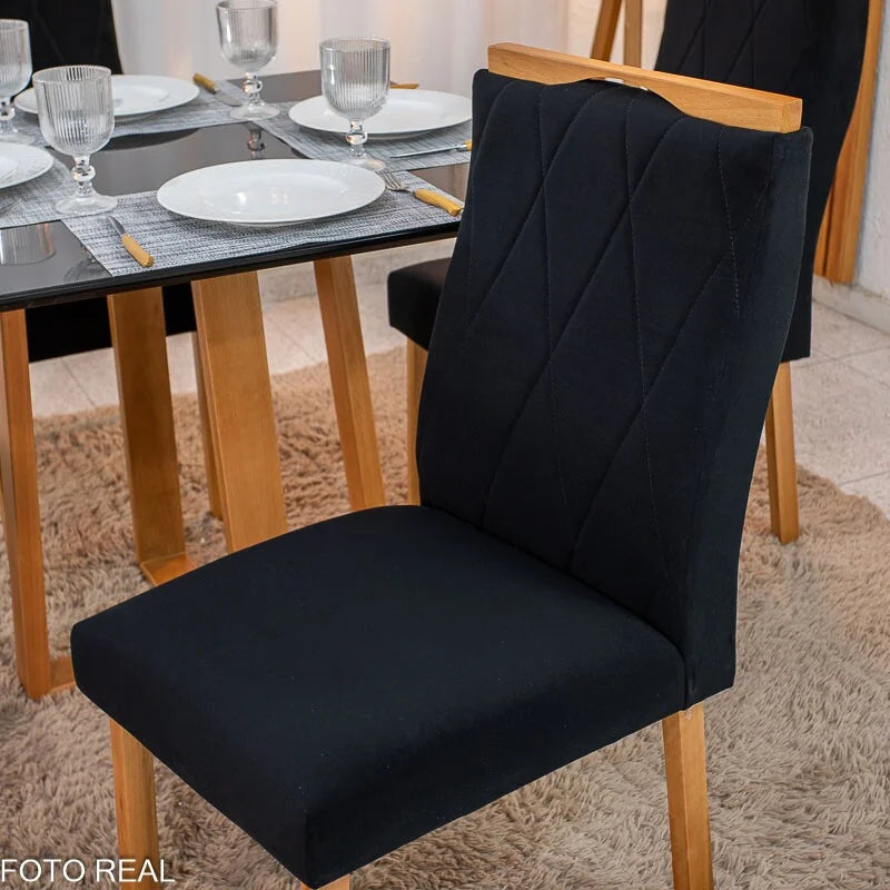 Mesa de Jantar Pedro 90×90 Vidro Preto/Base Madeira + 4 Cad. Lisboa Veludo Preto 504 Madeira Art Assento – Entregue Montada