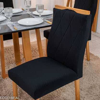 Mesa de Jantar Pedro 90×90 Vidro Preto/Base Madeira + 4 Cad. Lisboa Veludo Preto 504 Madeira Art Assento – Entregue Montada
