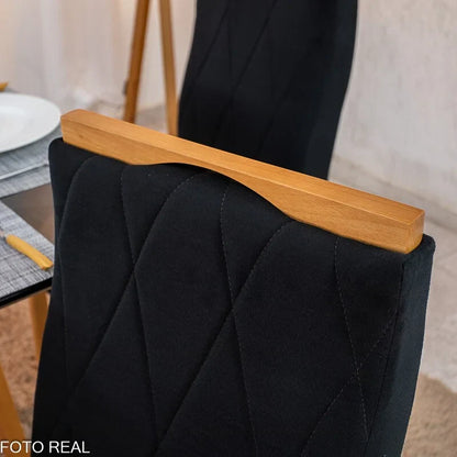 Mesa de Jantar Pedro 90×90 Vidro Preto/Base Madeira + 4 Cad. Lisboa Veludo Preto 504 Madeira Art Assento – Entregue Montada