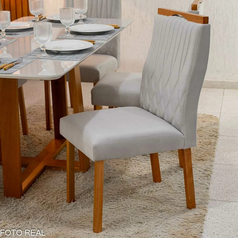 Mesa de Jantar Pedro 120×80 Vidro Off/Base Madeira + 4 Cad. Genova Veludo Prata 514 Madeira Art Assento – Entregue Montada
