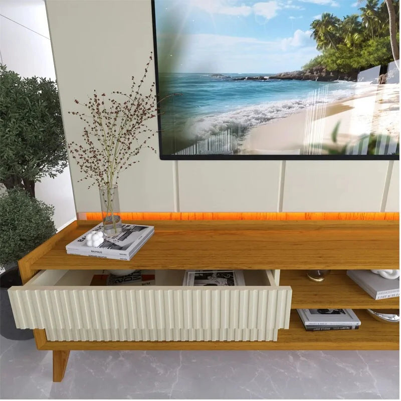 Rack Magnífico 212 Larg. 2.18m + Painel Magnífico 220 Nature/Off C/LED e Detalhe Ripado – Gelius